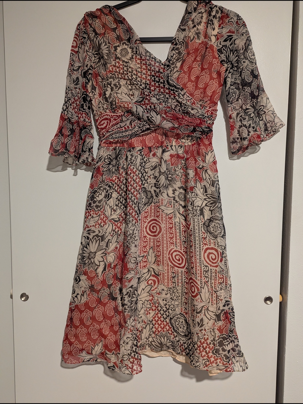 Vintage Muse Patchwork 100% Silk Floral Ruffle Midi Dress 4P